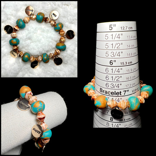 Bracelet - Blessed, Live, Believe, Family, Love, Faith, Happy, Charms - Made with Handcrafted Clay Beads