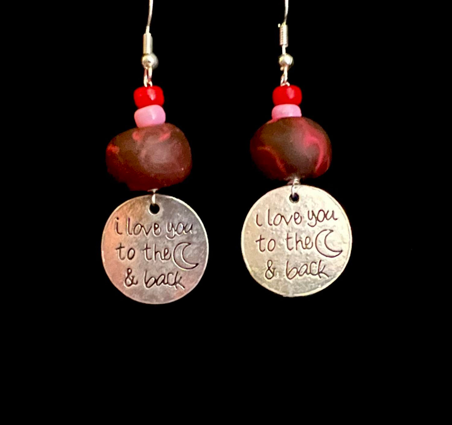 Earring - Red & Pink "I Love You to the Moon and Back" - Made with Handcrafted Clay Beads