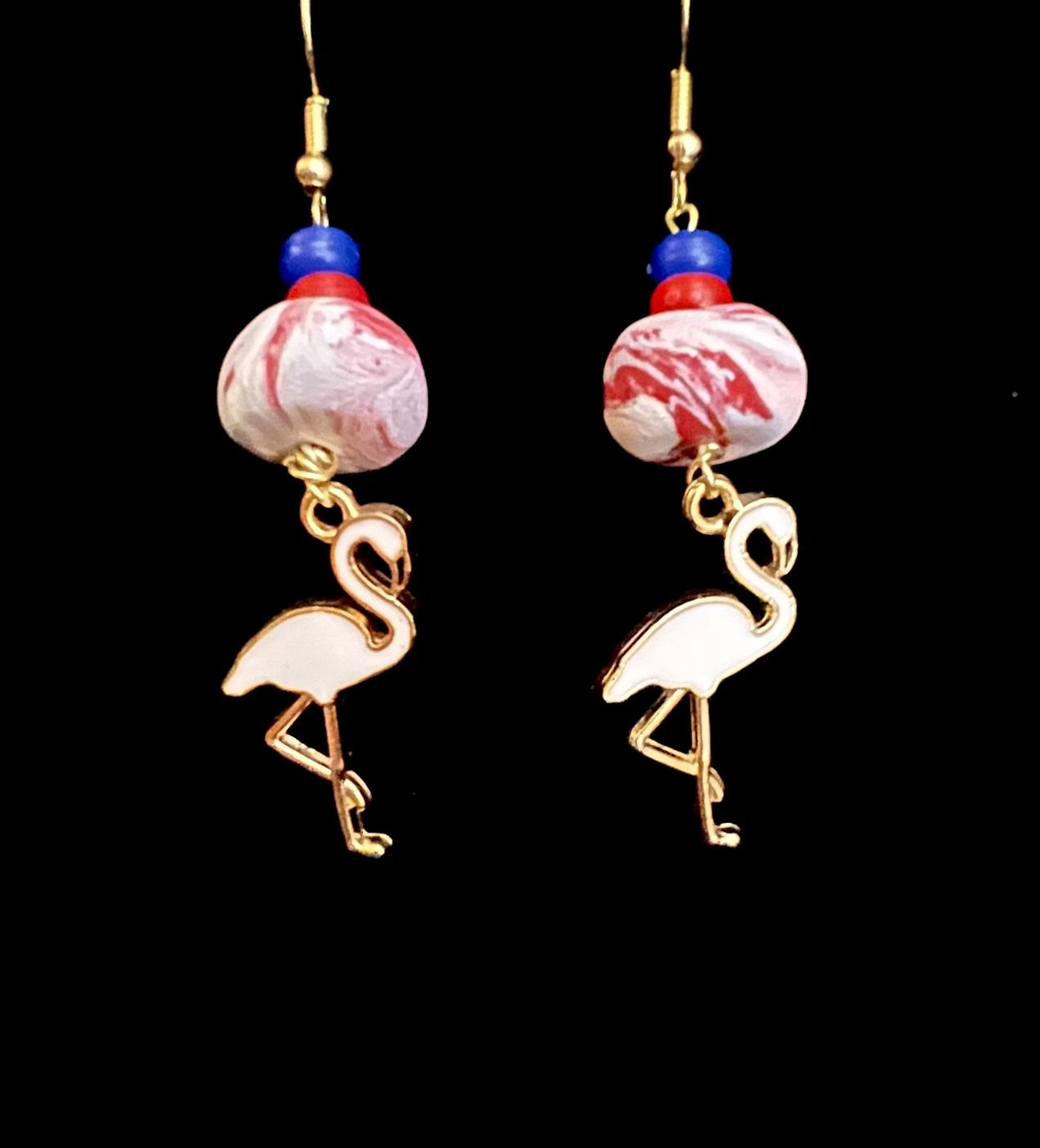 Earring - White Flamingos - Made with Handcrafted Clay Beads