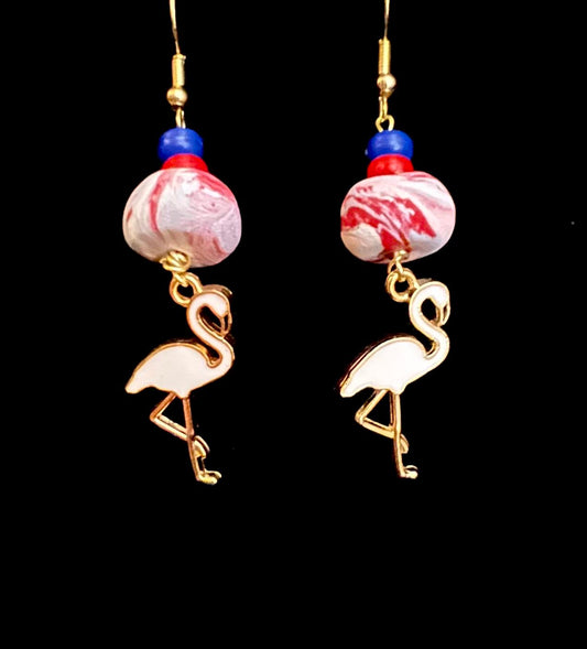 Earring - White Flamingos - Made with Handcrafted Clay Beads