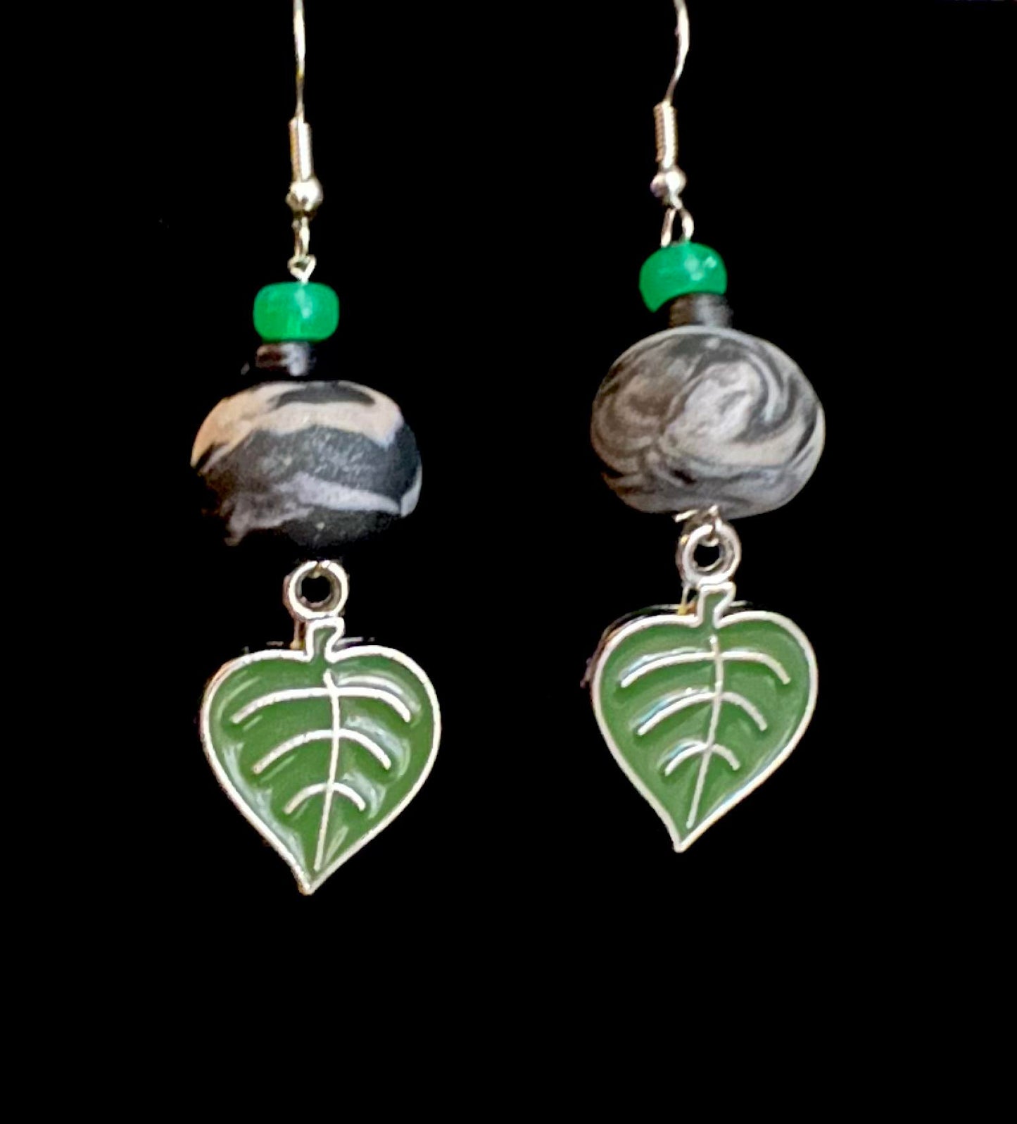 Earring - Black and Green Foliage - Made with Handcrafted Clay Beads