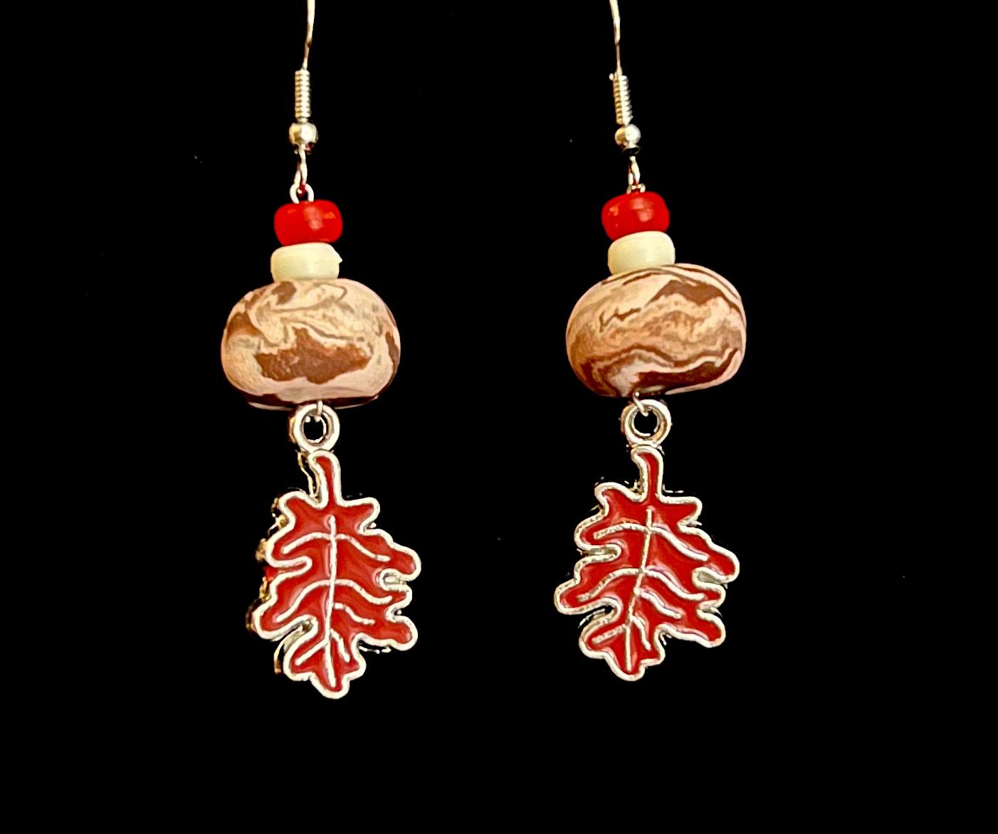 Earring - Red and Pink Foliage - Made with Handcrafted Clay Beads