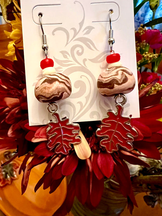 Earring - Red and Pink Foliage - Made with Handcrafted Clay Beads