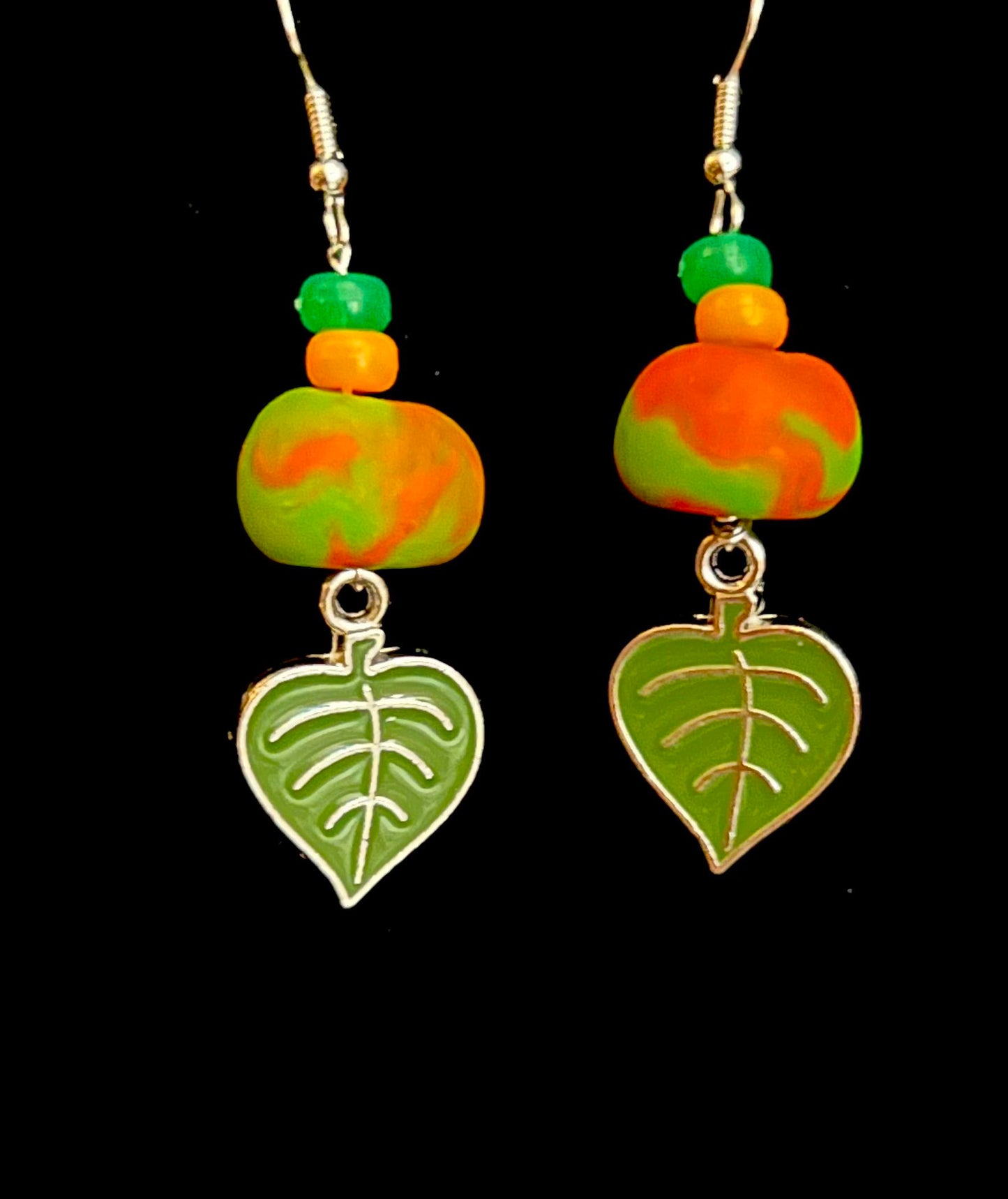 Earring - Green and Orange Foliage - Made with Handcrafted Clay Beads