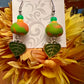 Earring - Green and Orange Foliage - Made with Handcrafted Clay Beads
