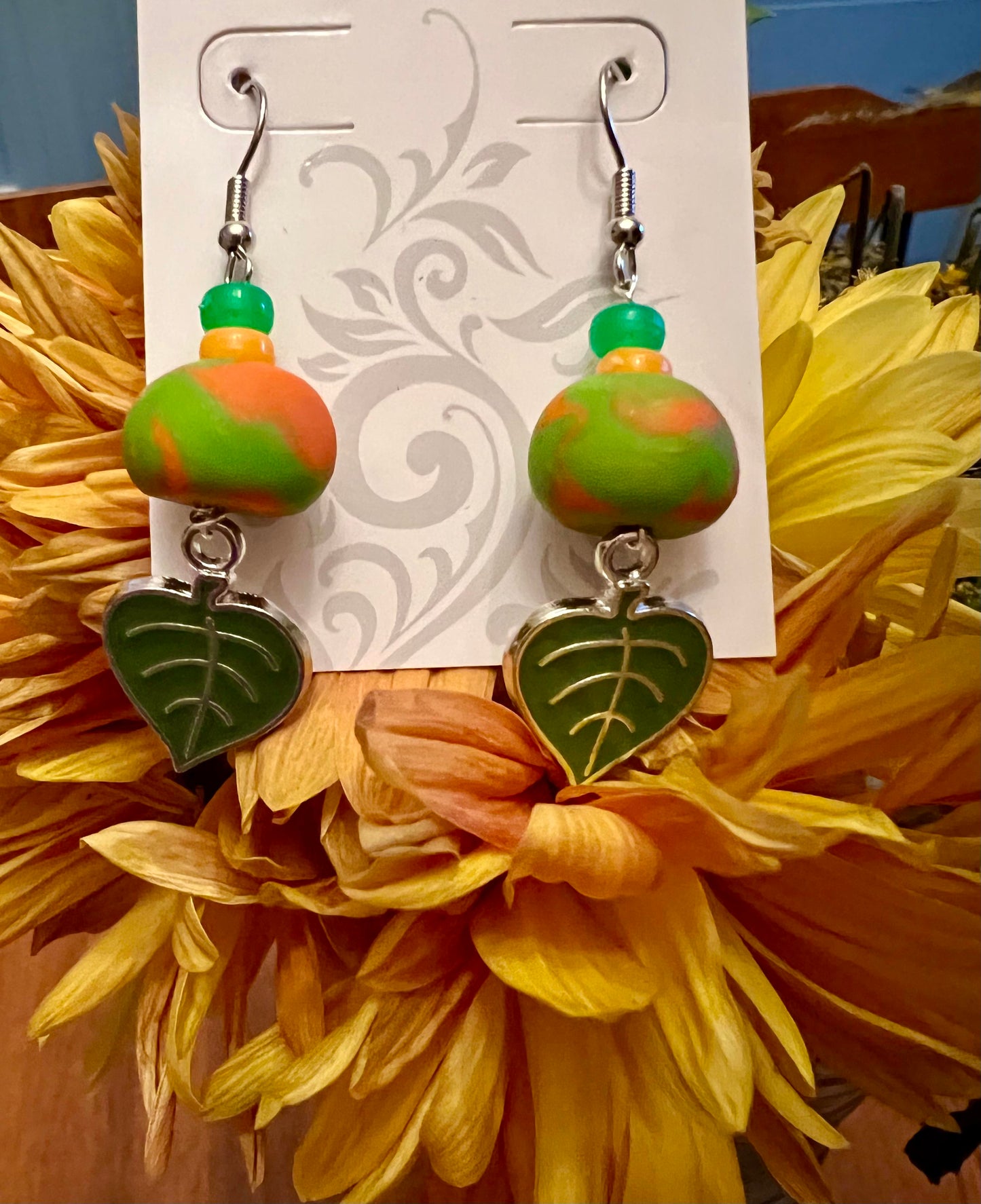 Earring - Green and Orange Foliage - Made with Handcrafted Clay Beads