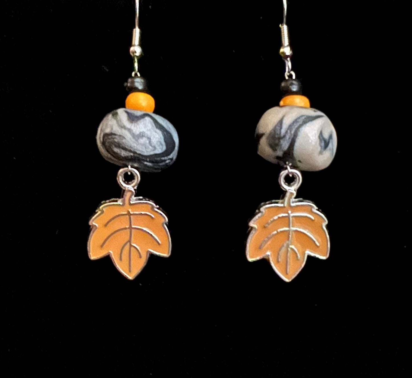 Earring - Black and Orange Foliage - Made with Handcrafted Clay Beads