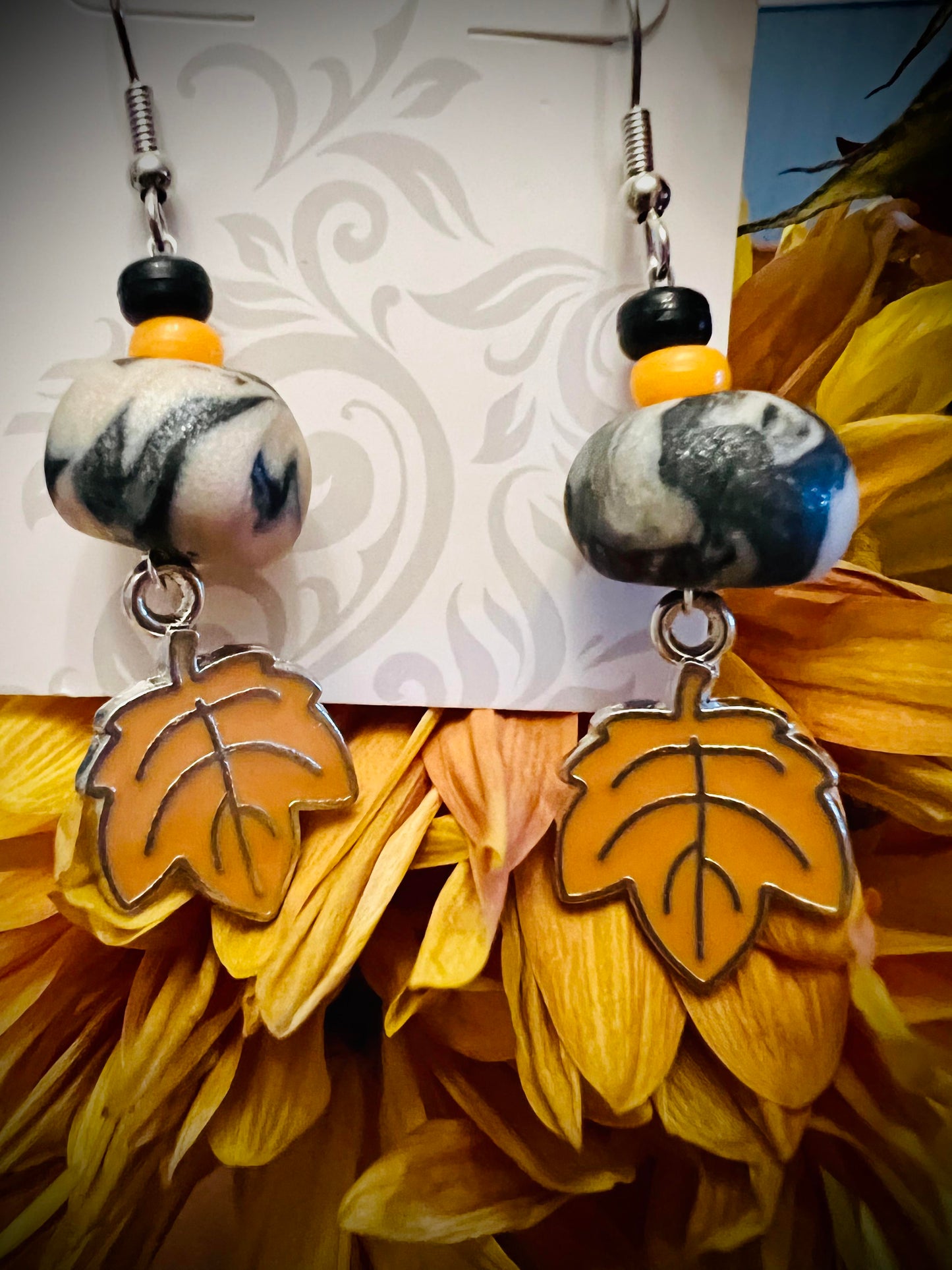 Earring - Black and Orange Foliage - Made with Handcrafted Clay Beads