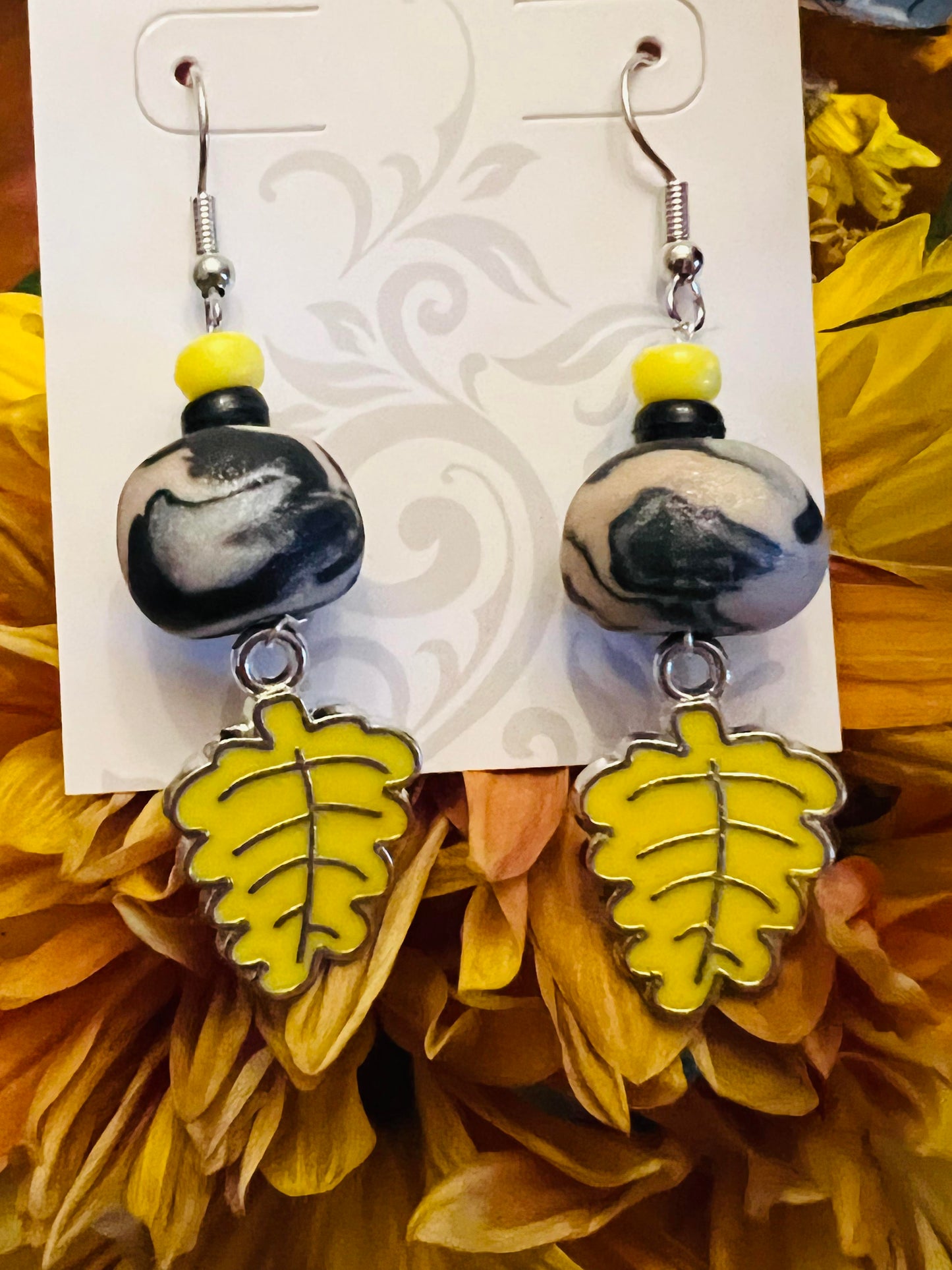 Earring - Black and Yellow Foliage - Made with Handcrafted Clay Beads