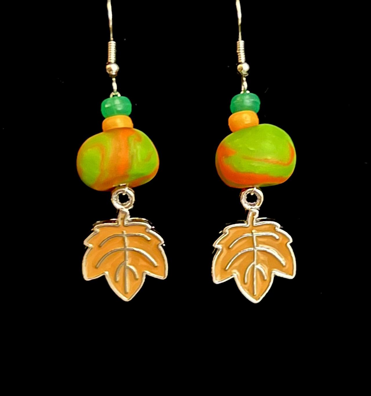 Earring - Orange and Green Foliage - Made with Handcrafted Clay Beads