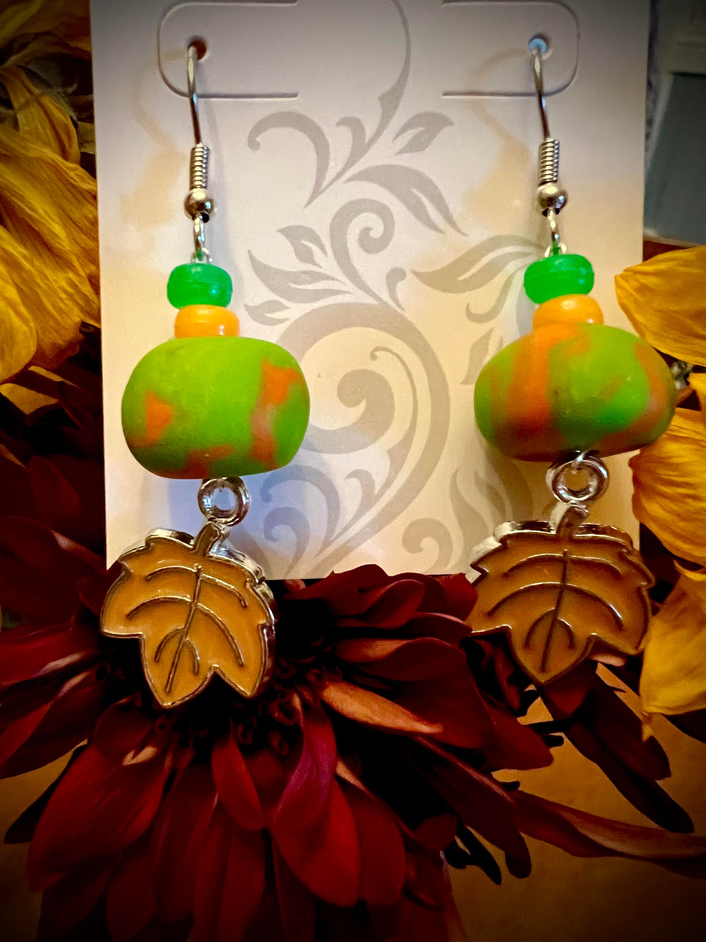 Earring - Orange and Green Foliage - Made with Handcrafted Clay Beads