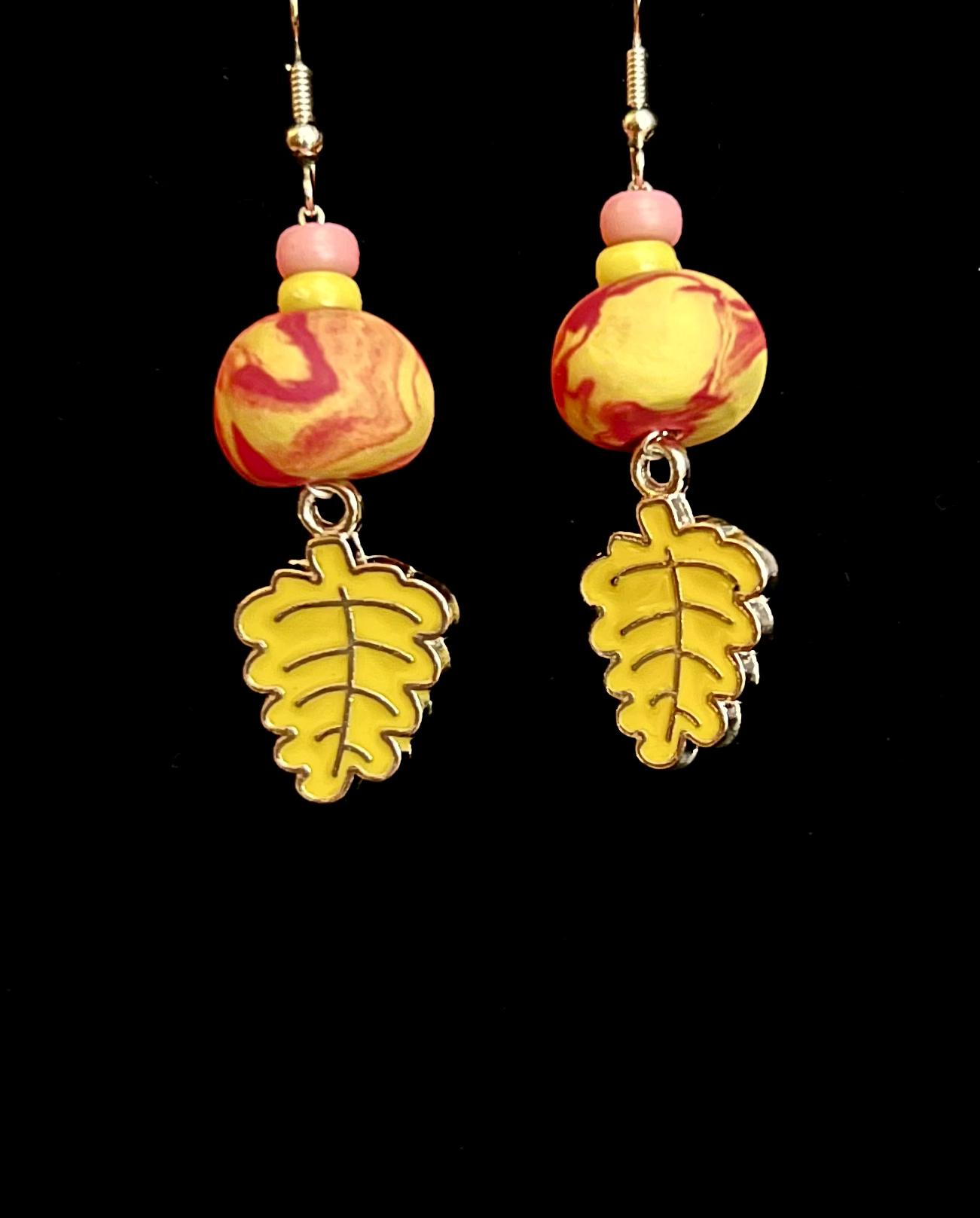 Earring - Pink and Yellow Foliage - Made with Handcrafted Clay Beads