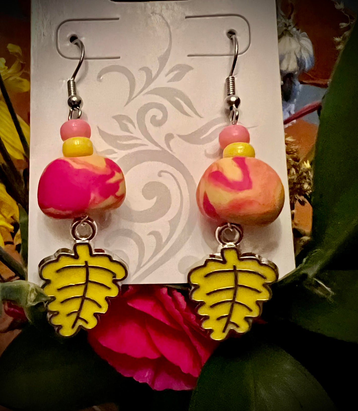 Earring - Pink and Yellow Foliage - Made with Handcrafted Clay Beads