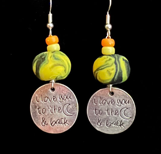 Earring - Yellow & Orange "I Love You to the Moon and Back" - Made with Handcrafted Clay Beads