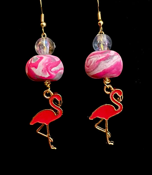 Earring - Dark Pink Flamingos - Made with Handcrafted Clay Beads