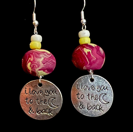 Earring - Yellow & Maroon "I Love You to the Moon and Back" - Made with Handcrafted Clay Beads