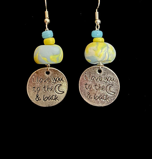 Earring - Blue & Yellow "I Love You to the Moon and Back" - Made with Handcrafted Clay Beads