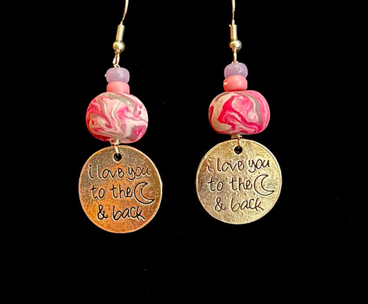 Earring - Purple & Pink "I Love You to the Moon and Back" - Made with Handcrafted Clay Beads