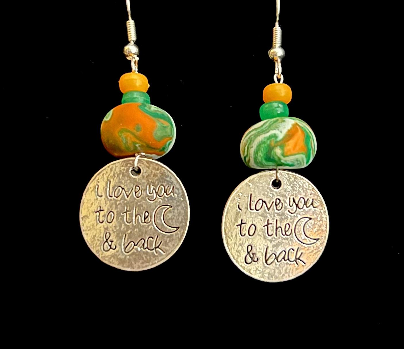 Earring - Orange & Green "I Love You to the Moon and Back" - Made with Handcrafted Clay Beads