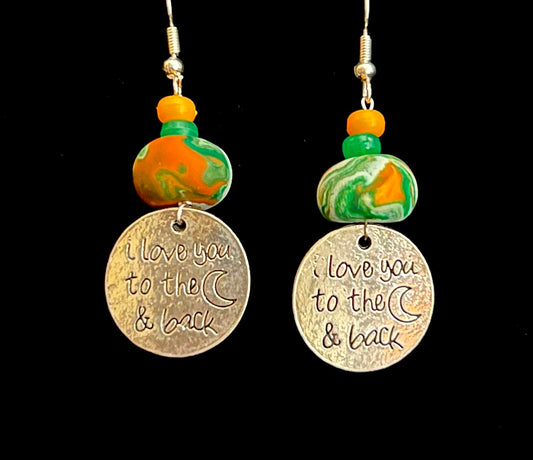 Earring - Orange & Green "I Love You to the Moon and Back" - Made with Handcrafted Clay Beads